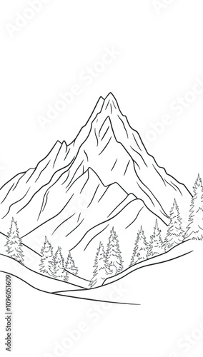 A simple line drawing of the top view of an alpine mountain range with trees at its base photo