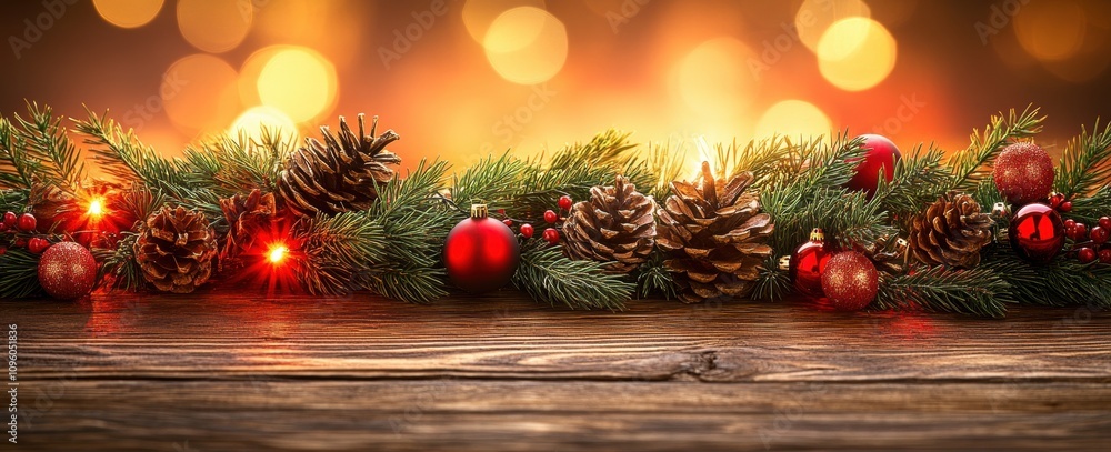 Festive Holiday Decoration with Pine Cones, Ornaments, and Glowing Lights on Rustic Wooden Table Surrounded by Warm, Sparkling Background Lights Festive Holiday Decoration with Pine Cones, Ornaments, and Glowing Lights on Rustic Wooden Table Surrounded by Warm, Sparkling Background Lights