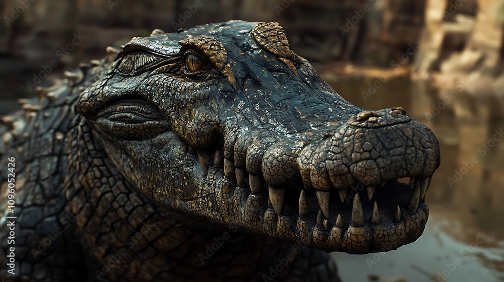 Fototapeta premium A close-up of a textured crocodile head near water, showcasing its sharp teeth and eyes.