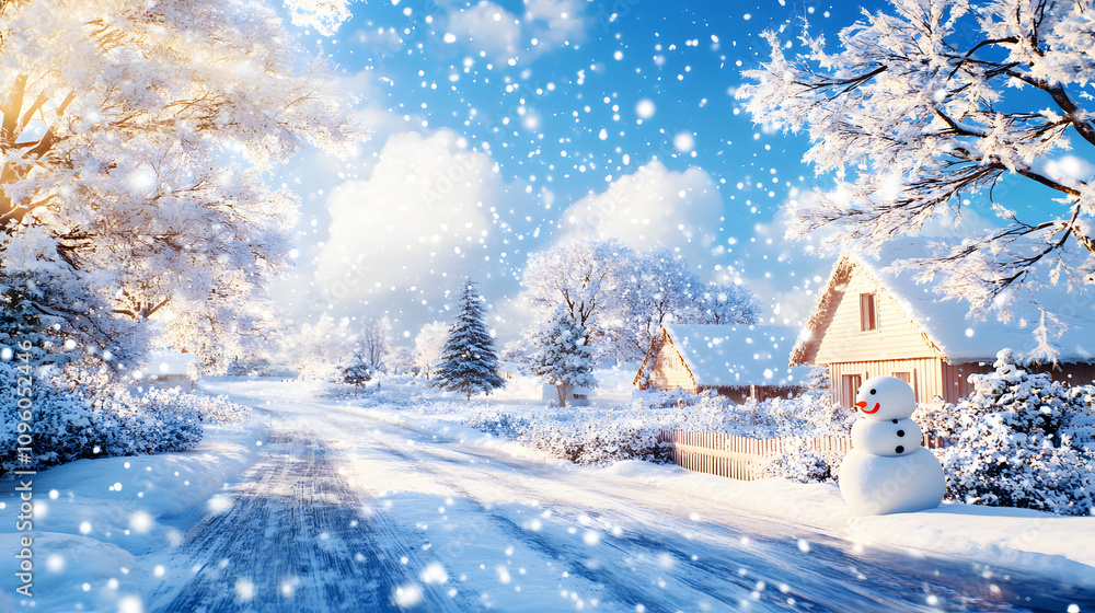Naklejka premium Snowy winter wonderland with a snowman cozy cottage nature scenic view holiday spirit
