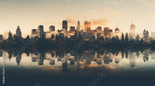 a double exposure of a city skyline blending with a forest  space on the left side Golden Hour Lighting,generative ai illustration photo