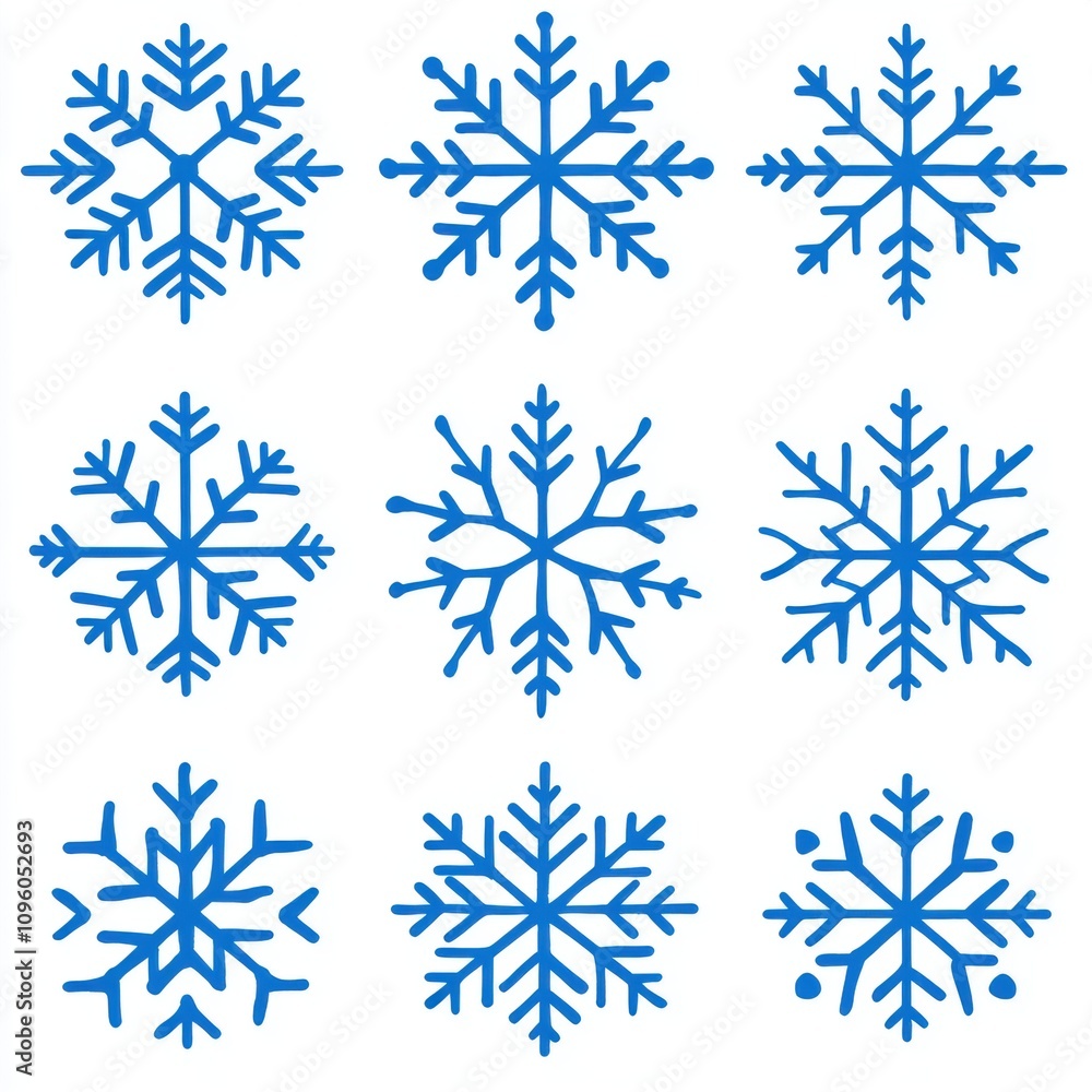 Blue Snowflake Patterns for Seasonal Designs, Perfect for Winter Crafts, Holiday Decorations, and Festive Graphics in Various Media or Printed Material Blue Snowflake Patterns for Seasonal Designs, Perfect for Winter Crafts, Holiday Decorations, and Festive Graphics in Various Media or Printed Material