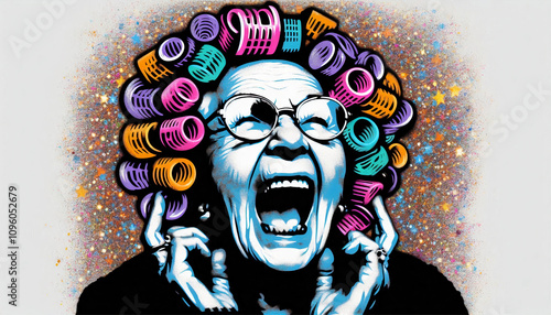 Elderly woman with curlers, shouting, colorful splashes, expressive design