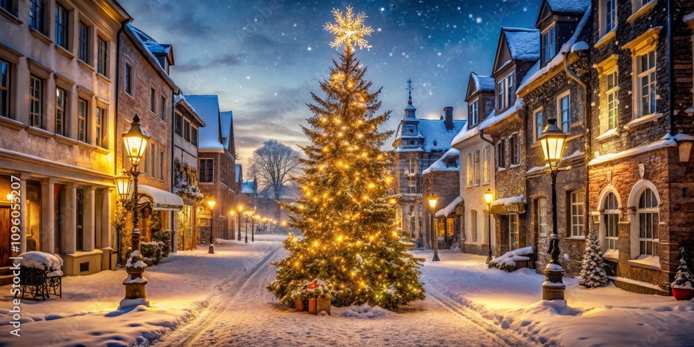 Obraz premium Snowy Village Christmas Illuminated Tree and Historic Architecture at Dusk