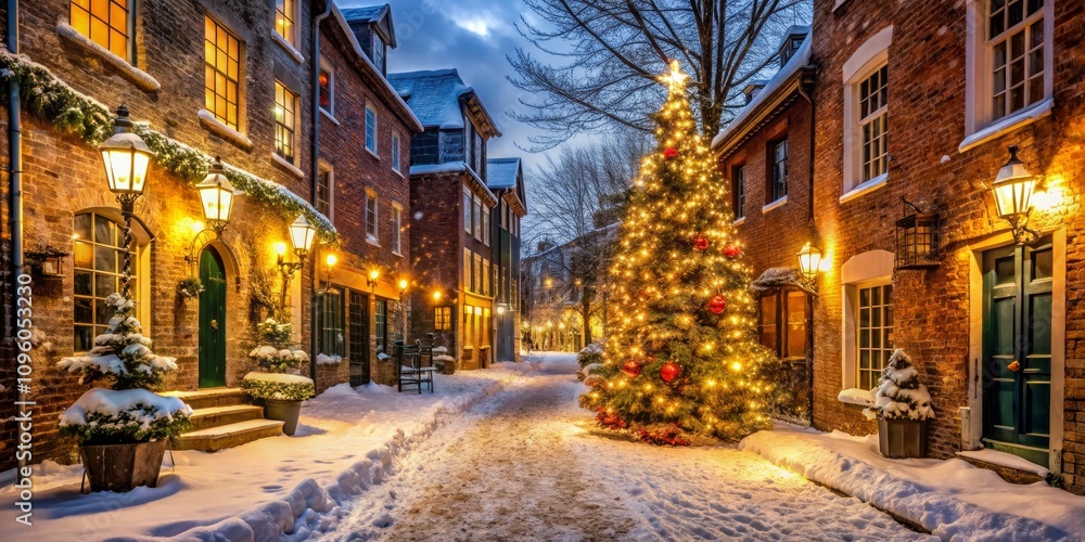 Fototapeta premium Snowy Street, Christmas Tree, Illuminated Village A Winter Scene