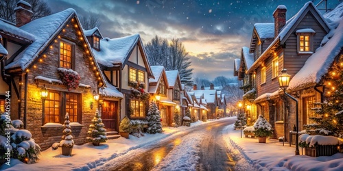 Snow-Covered Village Street at Twilight Christmas Lights and Cozy Cottages