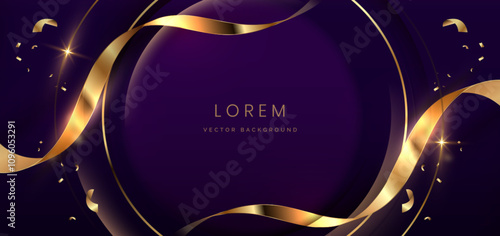 Luxury purple background. Golden confetti banner and ribbon background.