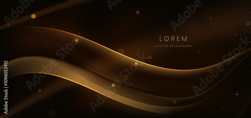 Elegant golden glowing wave lines with lighting effect sparkle on black background.