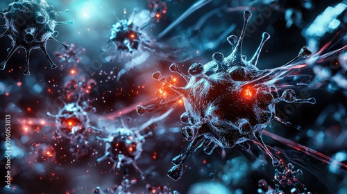 An abstract visualization of tiny nanobots attacking and neutralizing viruses within a human body. Use striking contrasts between the smooth, metallic  photo