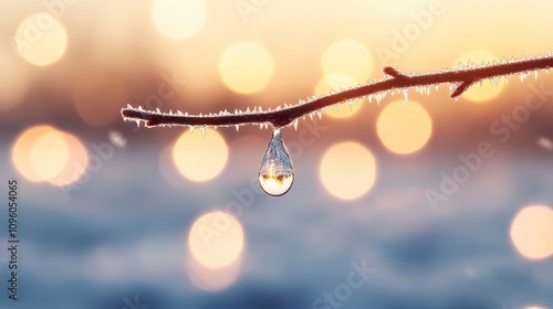 Frozen branch with a water droplet at sunrise.