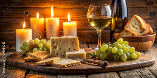 Candlelit Cheese and Wine Still Life Wooden Board Composition