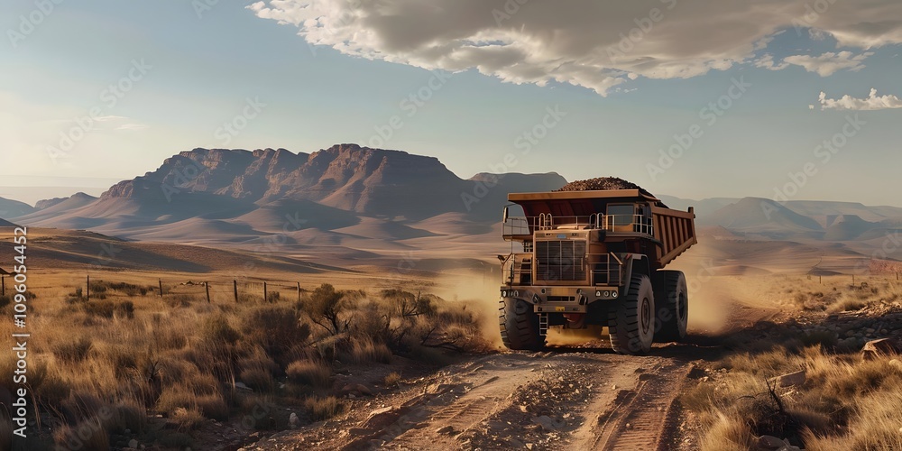 Fototapeta premium A large dump truck driving on a dirt road in a mountainous desert landscape.