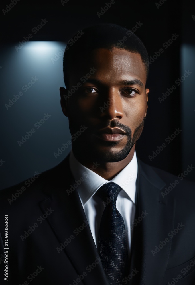 Dark moody portrait, African American man, suit and tie, dramatic lighting, chiaroscuro, intense gaze, professional headshot, high contrast, side lighting, deep shadows, cinematic style, corporate aes Dark moody portrait, African American man, suit and tie, dramatic lighting, chiaroscuro, intense gaze, professional headshot, high contrast, side lighting, deep shadows, cinematic style, corporate aes