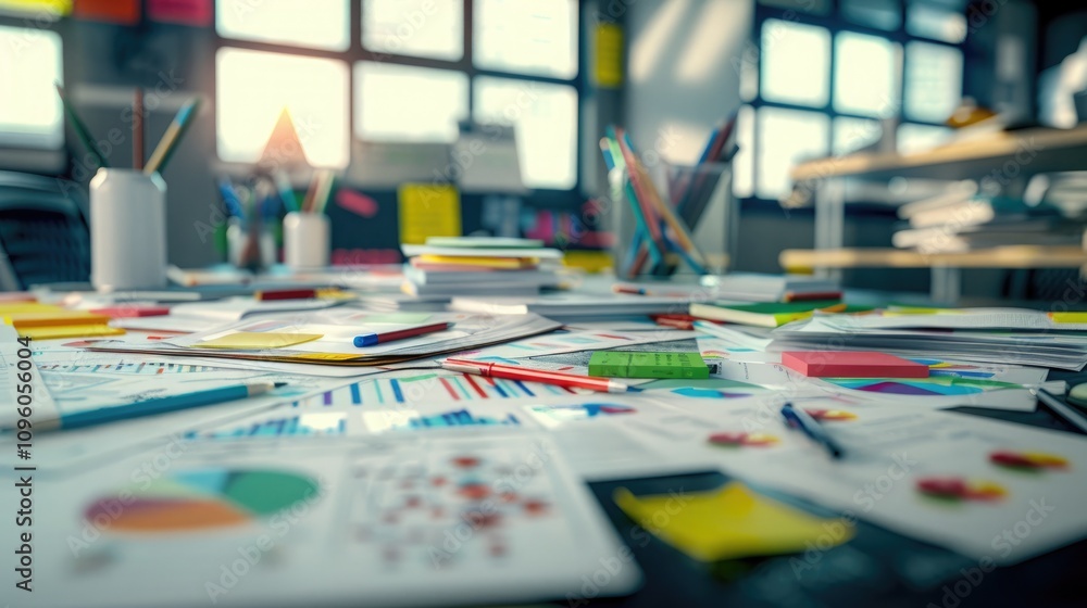 An inspiring scene of a collaborative workspace with a table covered in brainstorming materials An inspiring scene of a collaborative workspace with a table covered in brainstorming materials