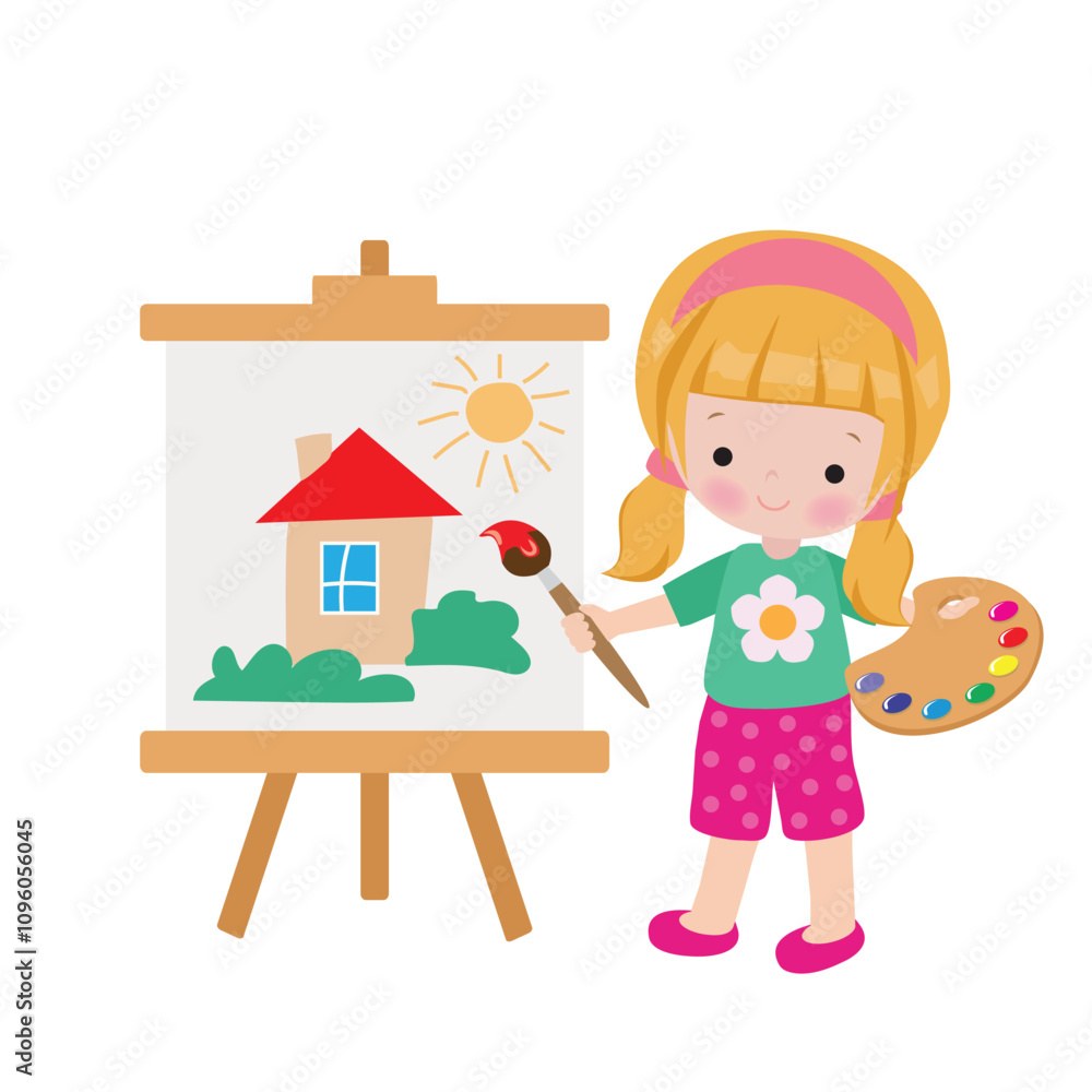 Cute little artist girl vector cartoon illustration Cute little artist girl vector cartoon illustration