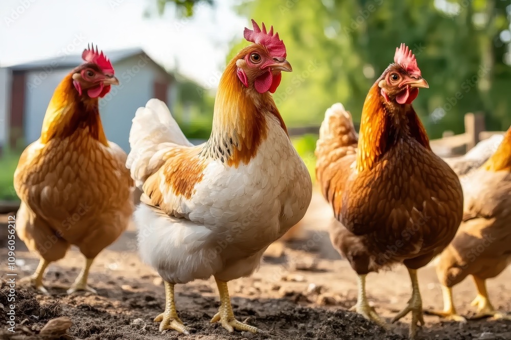 Group of free-range hens with vibrant plumage walking on a farm, symbolizing organic farming and sustainable agriculture. Group of free-range hens with vibrant plumage walking on a farm, symbolizing organic farming and sustainable agriculture.