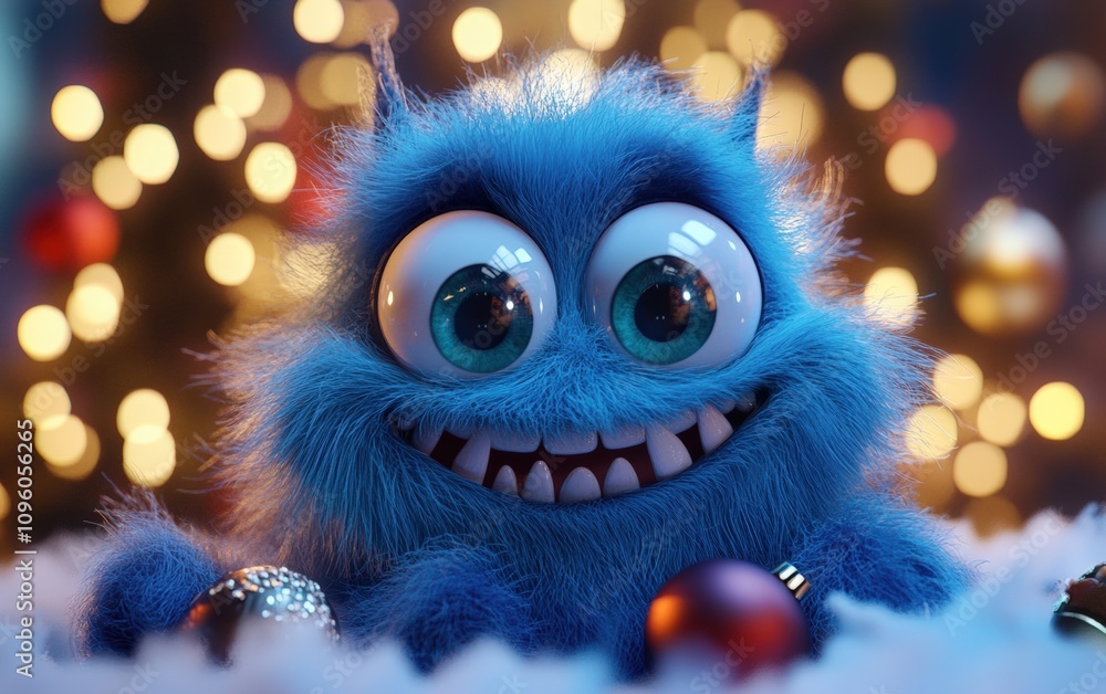 happy cute adorable furry 3d monster cartoon charachter with huge eyes christmas background happy cute adorable furry 3d monster cartoon charachter with huge eyes christmas background