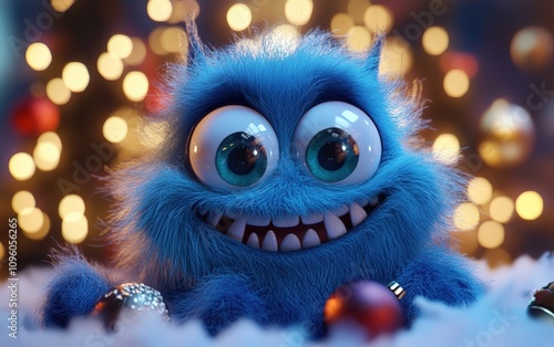 happy cute adorable furry 3d monster cartoon charachter with huge eyes christmas background 