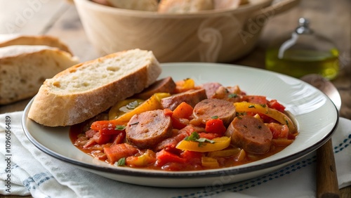 A bowl of hearty lecsó stew featuring sausage, tomatoes, and peppers, served with fresh bread for a comforting and flavorful Hungarian meal.