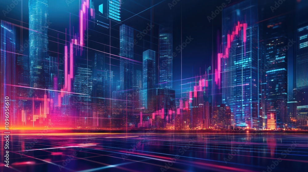 Business illustration of a breakeven analysis for a new product launch, rendered in cyberpunk 80s styles with a sharpen hitech banner and a futuristic cityscape background Business illustration of a breakeven analysis for a new product launch, rendered in cyberpunk 80s styles with a sharpen hitech banner and a futuristic cityscape background