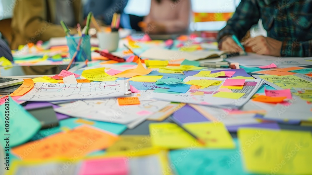 Fototapeta premium Low angle view capturing a dynamic brainstorming session with a table covered in colorful sticky notes