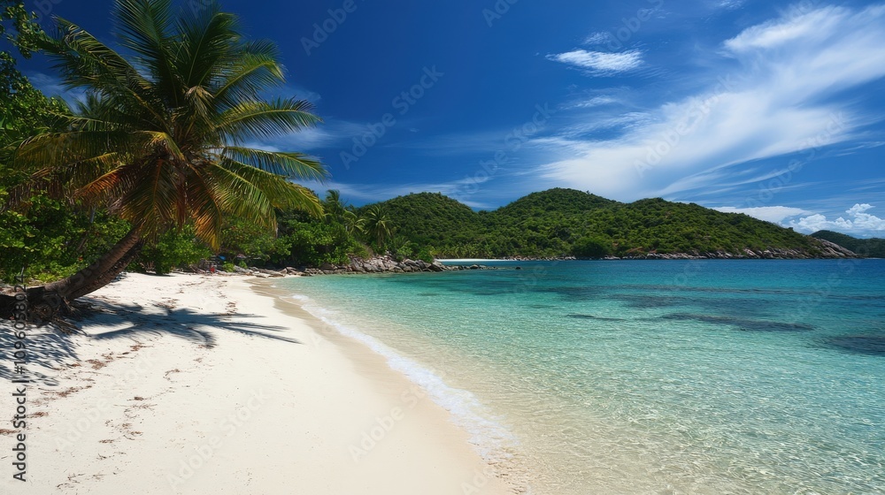 Tranquil Beach with Palm Tree and Clear Turquoise Water Tranquil Beach with Palm Tree and Clear Turquoise Water