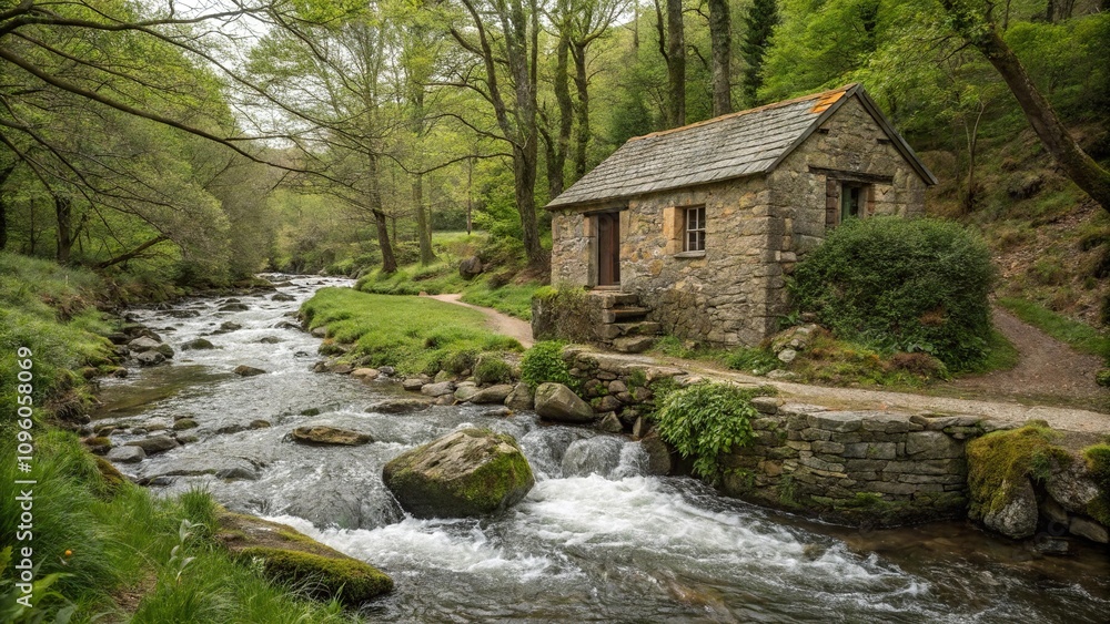 Small stone cabin situated near a babbling brook, woodland environment, small cabin Small stone cabin situated near a babbling brook, woodland environment, small cabin