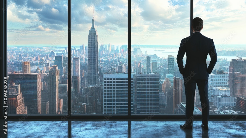 A Man in a Suit Standing Before a Window Looking Over a Cityscape A Man in a Suit Standing Before a Window Looking Over a Cityscape