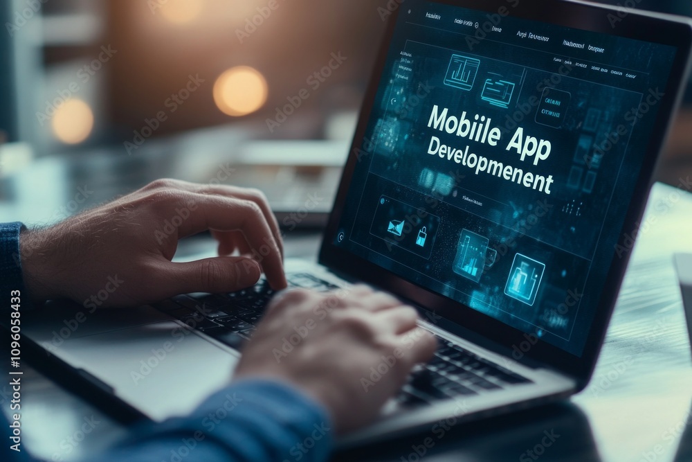 Mobile App Development on Laptop - Coding in Progress Mobile App Development on Laptop - Coding in Progress