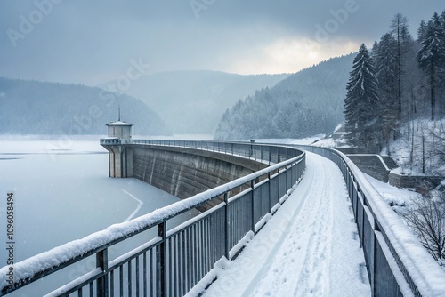 Wallpaper Mural Snowy bridge spanning over a frozen lake at the top of a dam, frozen landscape, snowflakes, winter wonderland Torontodigital.ca