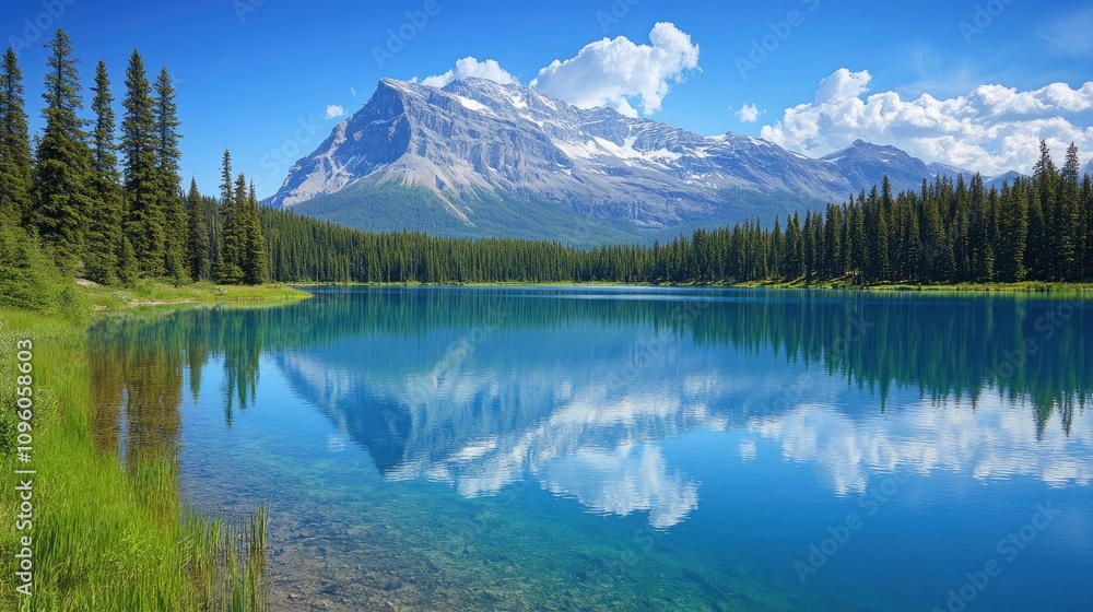 Serene mountain landscape reflecting in a calm lake under a clear blue sky. Serene mountain landscape reflecting in a calm lake under a clear blue sky.