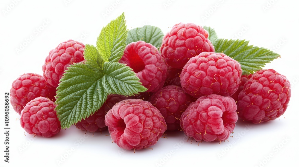 Fresh and Juicy Raspberries with Green Leaves on White Background, Perfect for Healthy Food Photography and Culinary Presentations Fresh and Juicy Raspberries with Green Leaves on White Background, Perfect for Healthy Food Photography and Culinary Presentations
