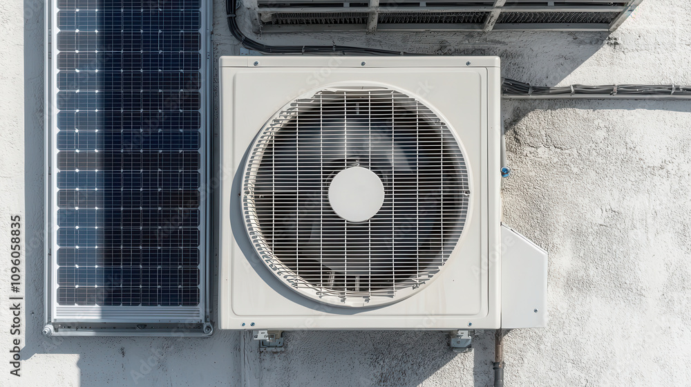 air conditioning unit with solar panels on rooftop, showcasing energy efficiency and modern technology. This setup highlights sustainable living and innovative design air conditioning unit with solar panels on rooftop, showcasing energy efficiency and modern technology. This setup highlights sustainable living and innovative design