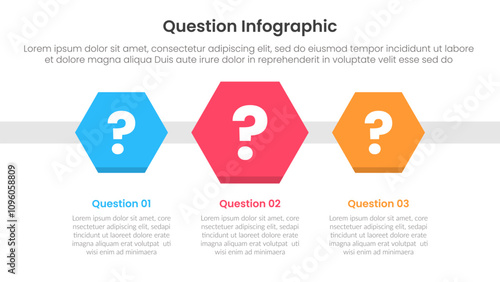 question infographic template banner with hexagonal shape on horizontal direction 3 points for slide presentation