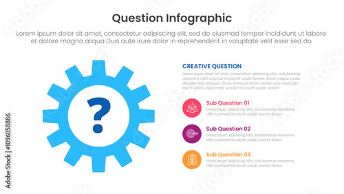 question infographic template banner with big gear and stack point list description with 3 points for slide presentation