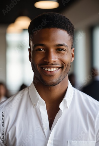 Handsome young man in white shirt smiling and looking at camera black businessman portrait Ultra realistic Photorealistic hyperdetailed photography soft light head and shoulders portrait cover