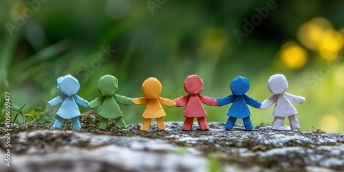 Colorful Paper Cutouts of People Holding Hands on a Natural Background Symbolizing Unity, Friendship, and Togetherness in a Playful and Whimsical Setting