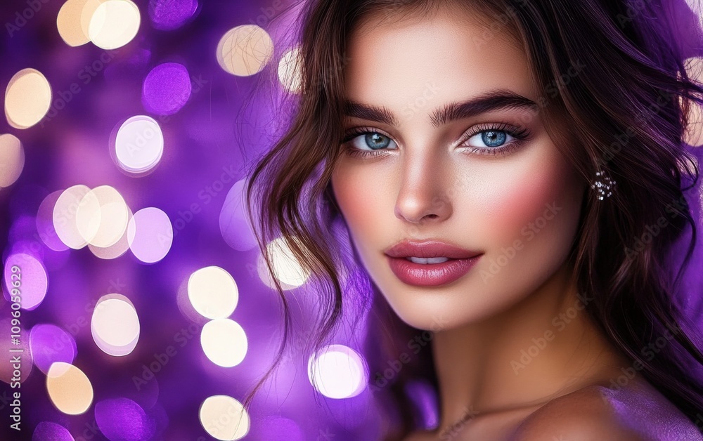 a close-up portrait of beautiful woman on purple christmas background a close-up portrait of beautiful woman on purple christmas background