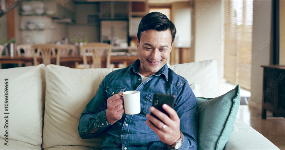 Man, smartphone and smile with coffee on sofa for texting, chat or reading funny post on mobile app in home. Person, phone and relax with tea cup, drink and happy for contact on social media in house Man, smartphone and smile with coffee on sofa for texting, chat or reading funny post on mobile app in home. Person, phone and relax with tea cup, drink and happy for contact on social media in house