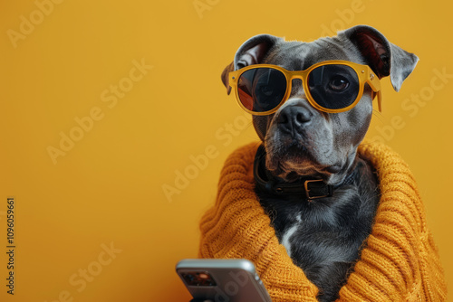a humanoid dog, using a phone, wearing sunglasses, in solid yellow backdrop, copy space on left side 