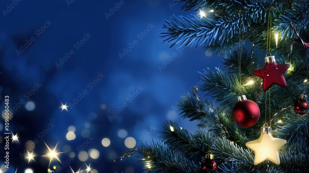 Christmas Tree with Red and Star Ornaments on Deep Blue Background Christmas Tree with Red and Star Ornaments on Deep Blue Background
