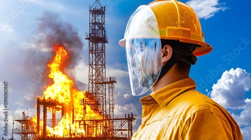 A man in a protective helmet, superimposed with an image of a burning structure during a drill. Double Exposure.[men]:[Fire drill] 