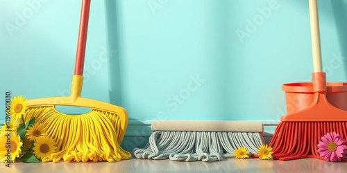 Spring cleaning supplies such as a mop and broom, spring cleaning, home organization