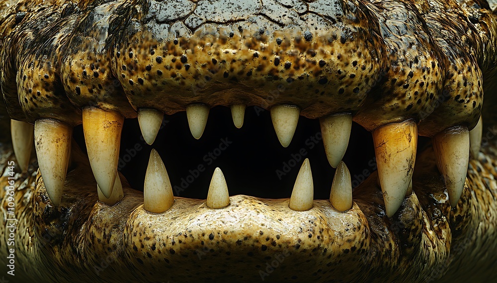 Obraz premium Close-up of a crocodile's mouth showcasing sharp teeth and textured skin.