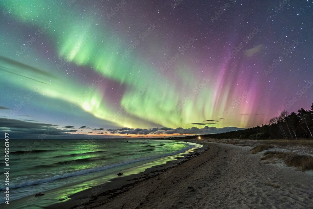Stunning northern lights display with Baltic Sea and Jantar's shoreline, aurora borealis, night sky, stunning display Stunning northern lights display with Baltic Sea and Jantar's shoreline, aurora borealis, night sky, stunning display