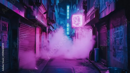 Wallpaper Mural A neon-lit cyberpunk alley with glowing pink and blue signs, foggy atmosphere, and deserted streets, creating a mysterious and futuristic urban aesthetic Torontodigital.ca