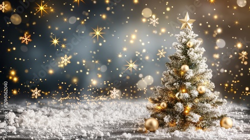 Wallpaper Mural Charming winter night scene with a glowing Christmas tree, snow, and a gold bokeh backdrop banner empty space Torontodigital.ca