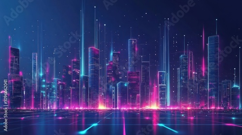 Futuristic cityscape at night with glowing neon lights and digital beams.