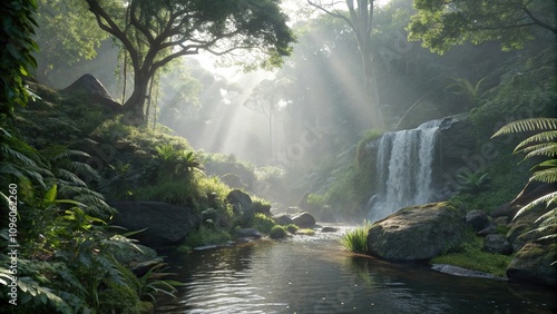 Sunlight filtering through the mist of a small waterfall into an ethereal rainforest stream, sunlight filtering, misty waterfalls, ethereal atmosphere