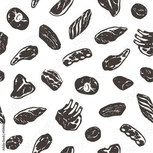 Seamless pattern with silhouette icons of meat cuts, wrapping paper design for butcher shop, barbecue restaurant menu template